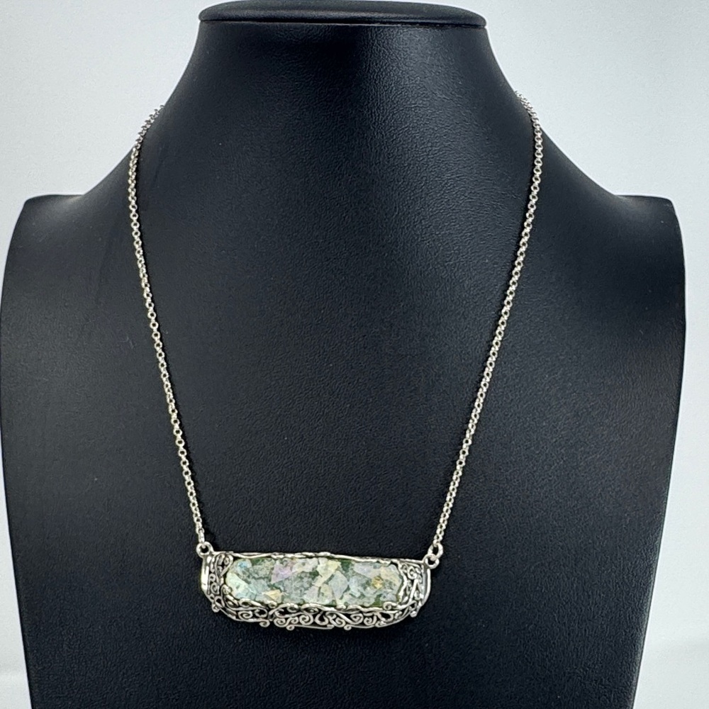 Paz Vintage Sterling Silver Filigree Pendant Necklace with Roman Glass Stone